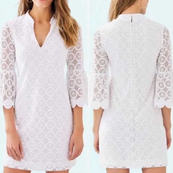 Lilly Pulitzer Dresses & Skirts - Lilly Pulitzer White Stretch Lace V-neck 3/4 Sleeve Shift Dress Size 4 Bridal